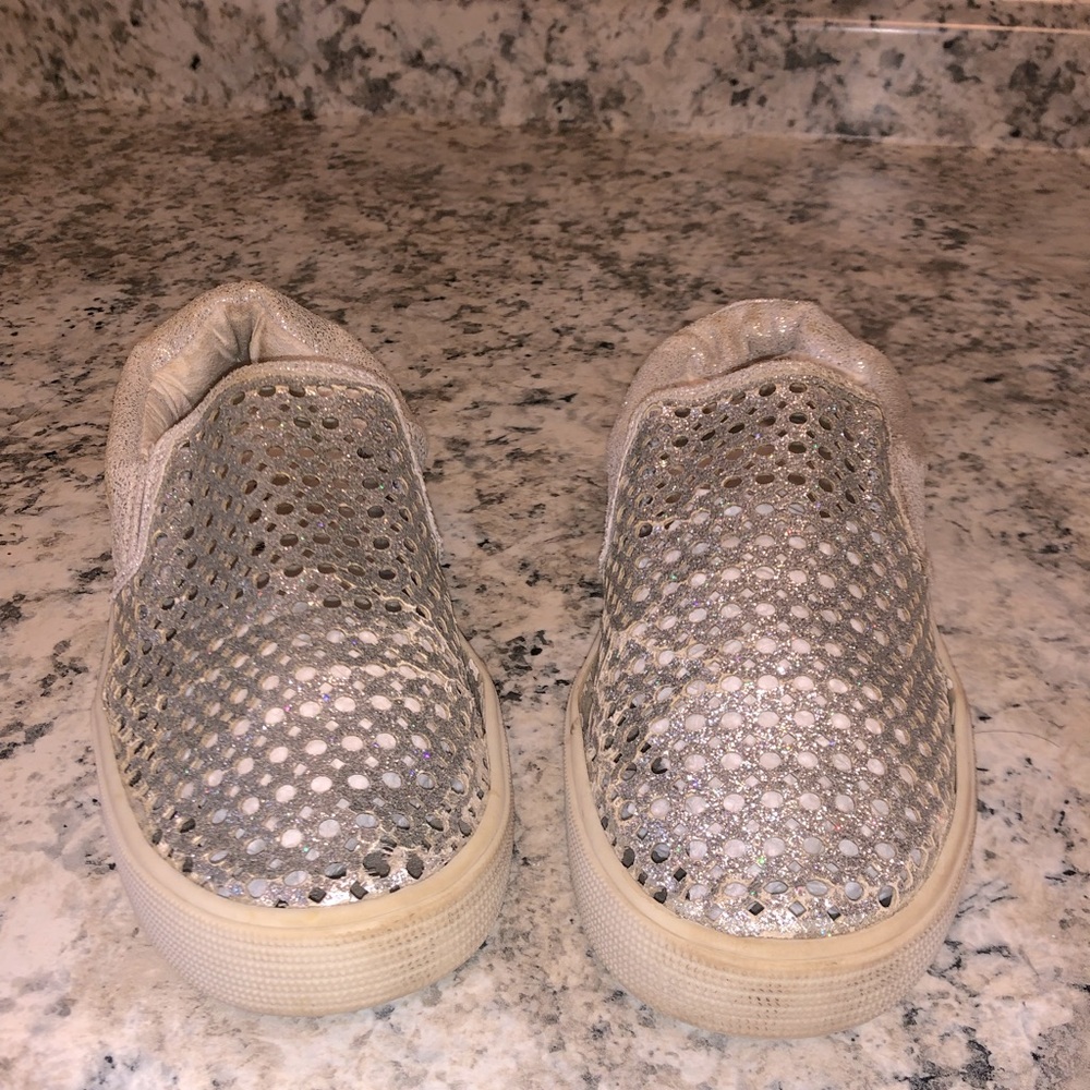 Stuart Weitzman girls silver slip ons